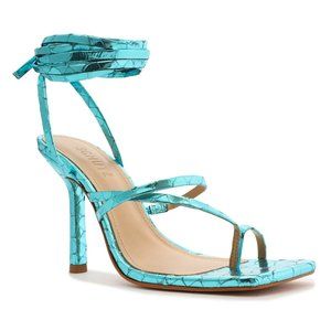 SCHUTZ Lily Metallic Leather Sandal - Turquoise Croc - Size 7.5